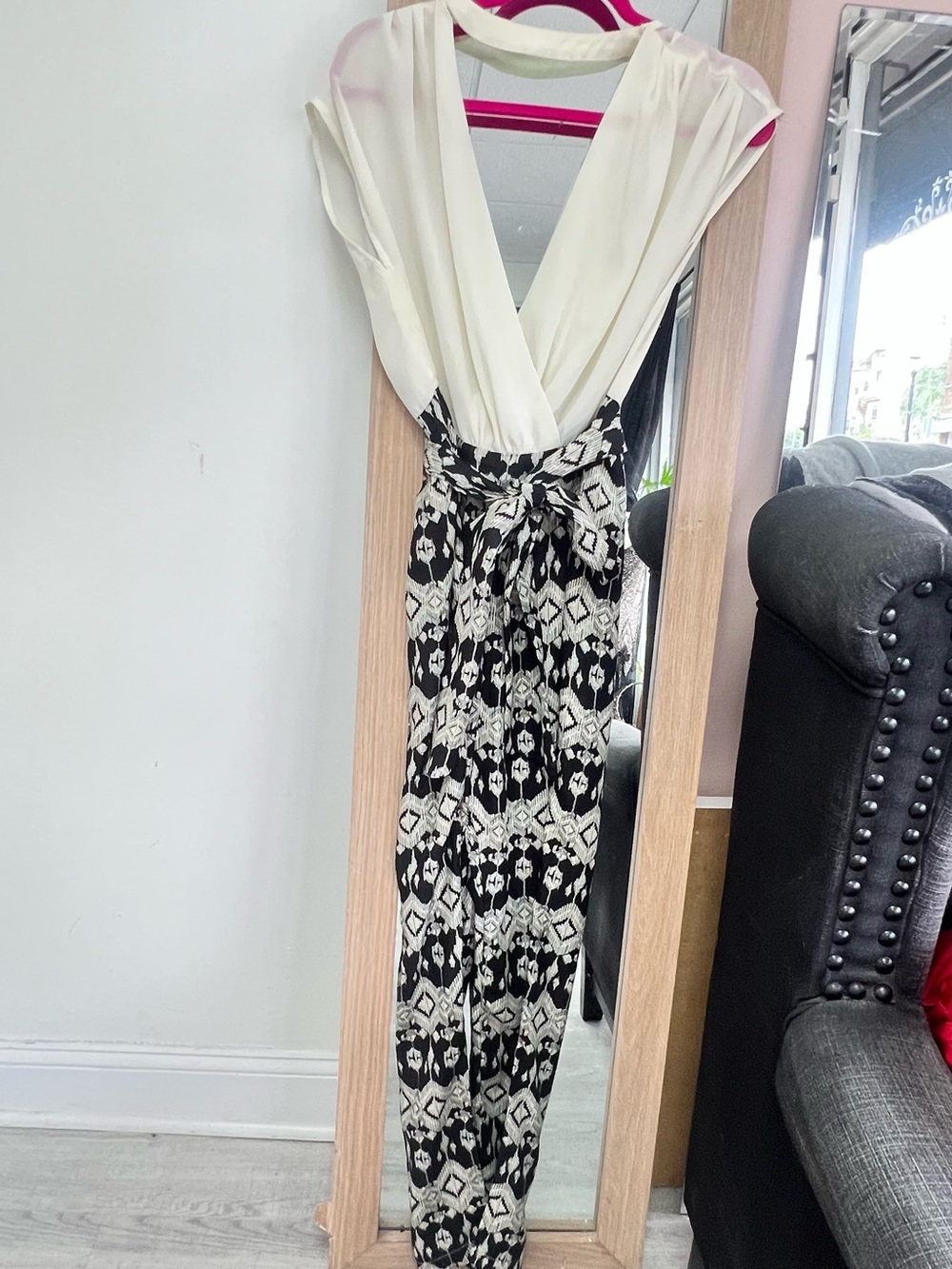 HOMAGE Cream Wrap-Top Jumpsuit with Black & Cream Printed Palazzo Pant